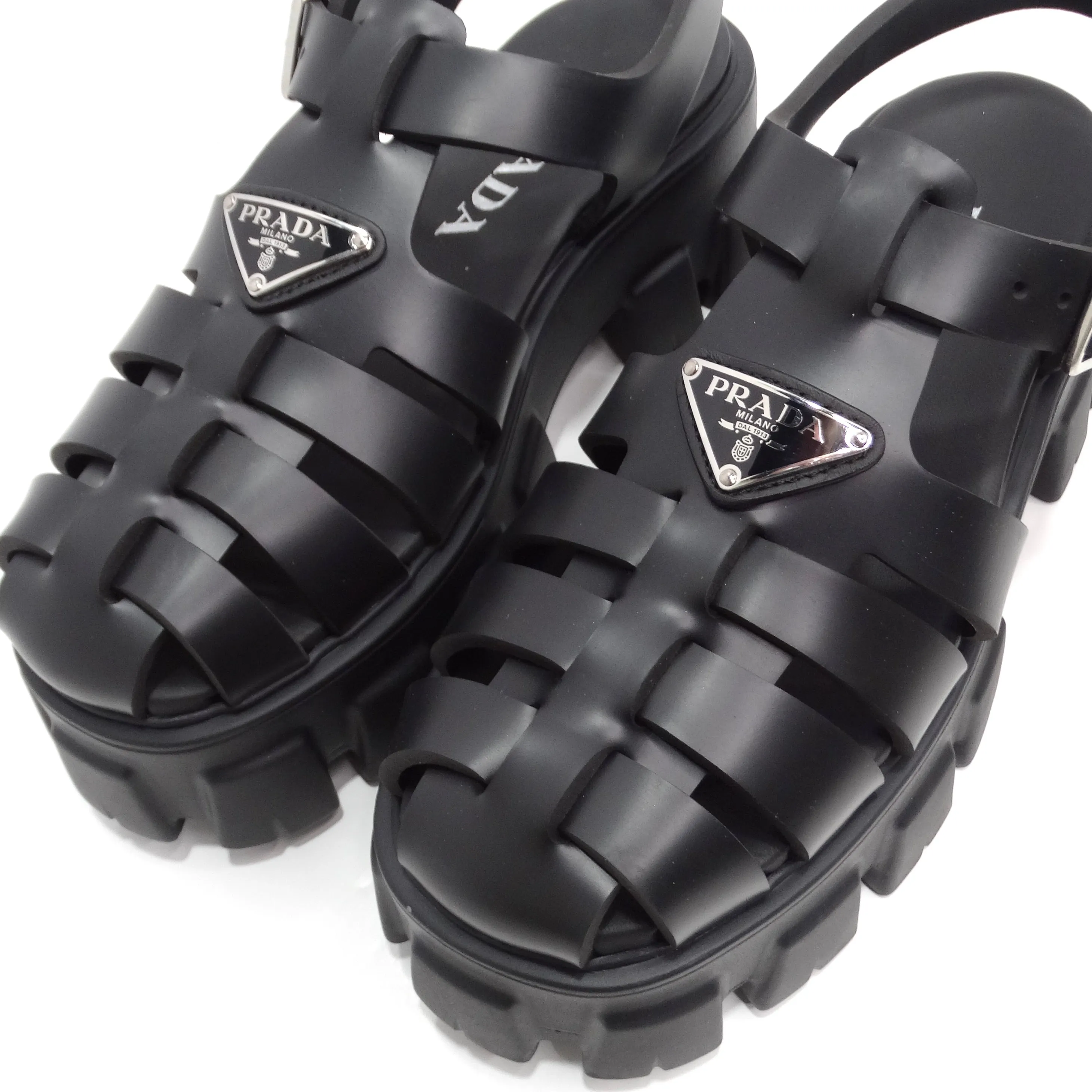 Prada Black Rubber Caged Slingback Platform Sandals
