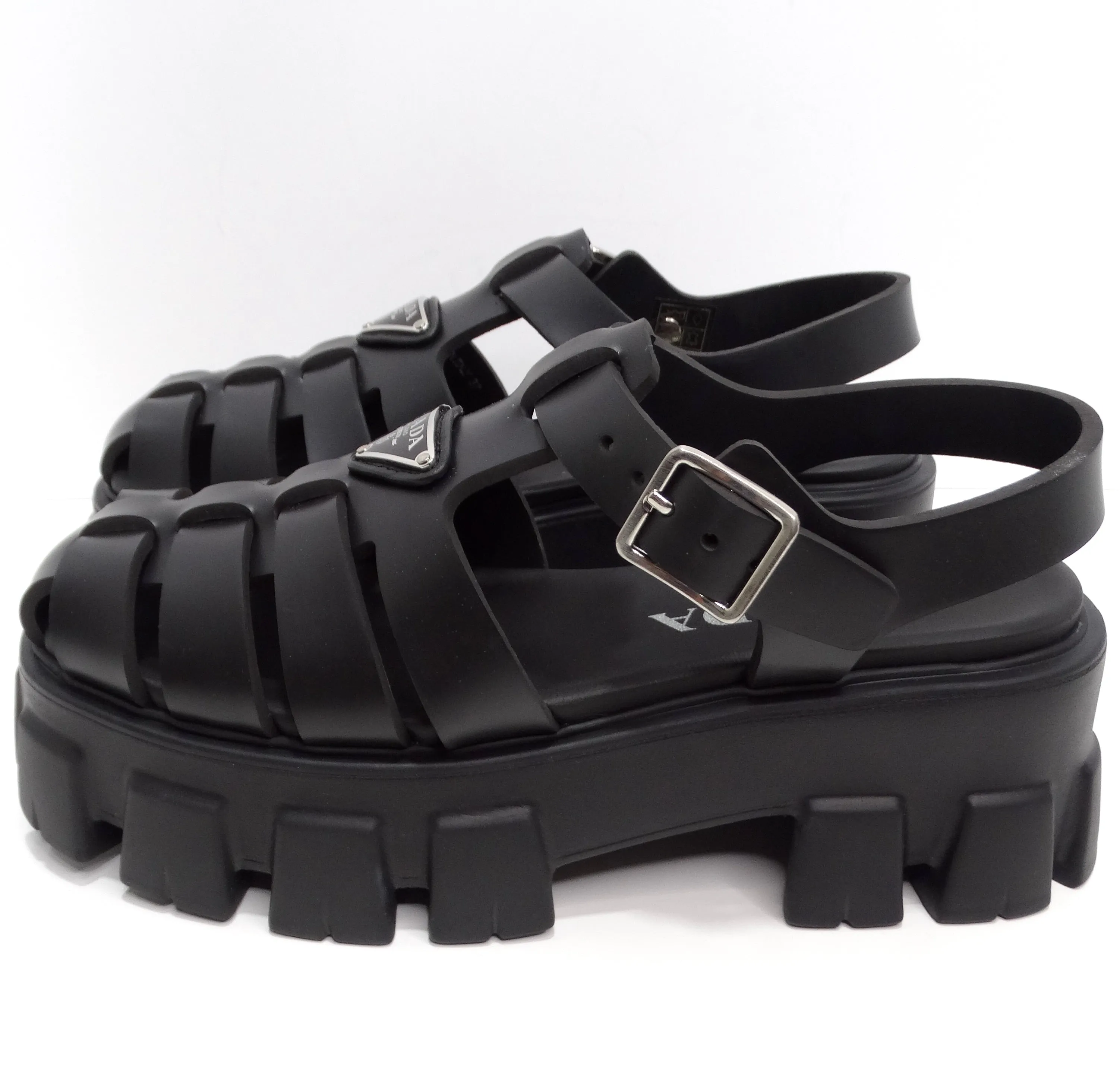 Prada Black Rubber Caged Slingback Platform Sandals