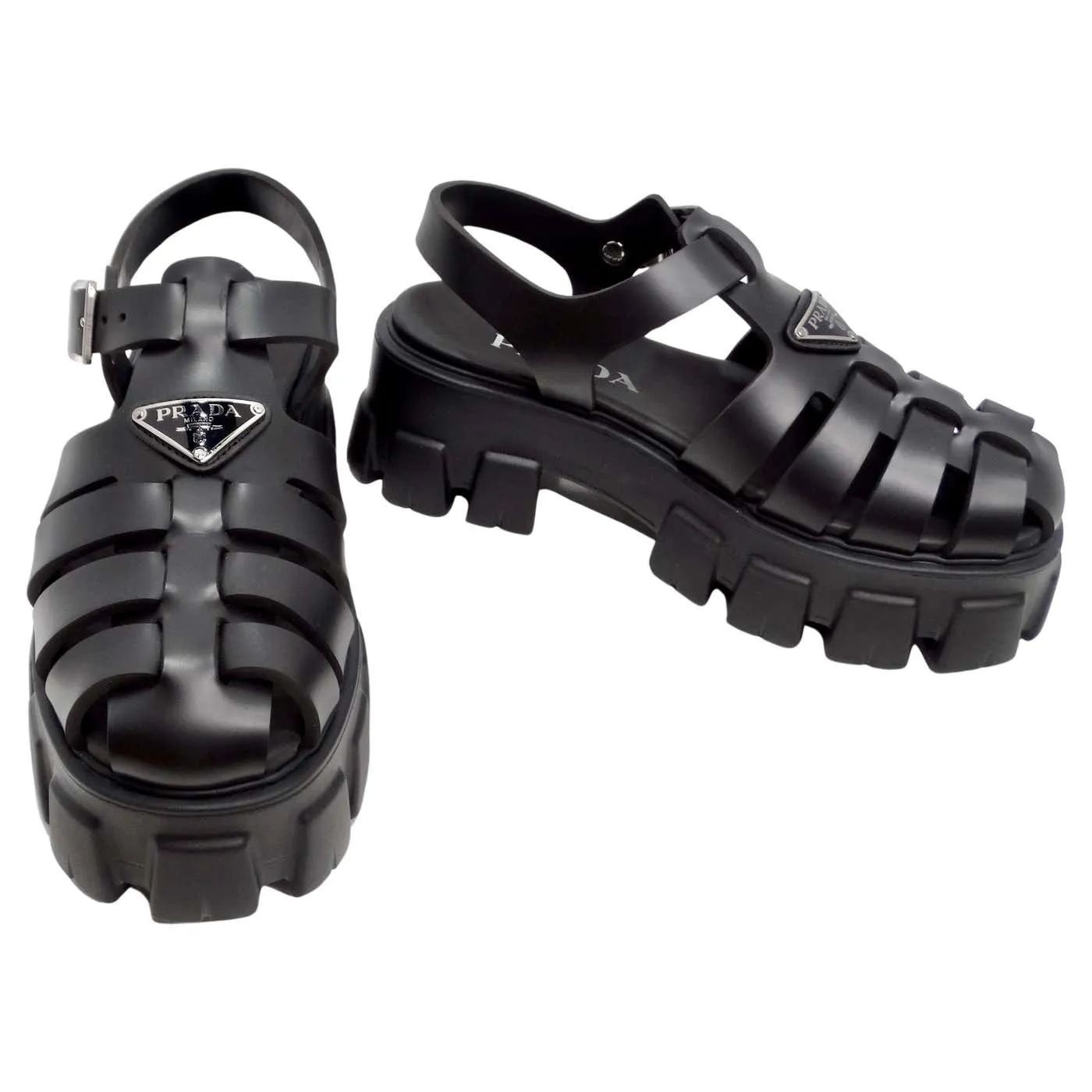 Prada Black Rubber Caged Slingback Platform Sandals