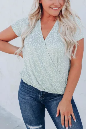 Prowling Around Surplice Print Top - Sage/White