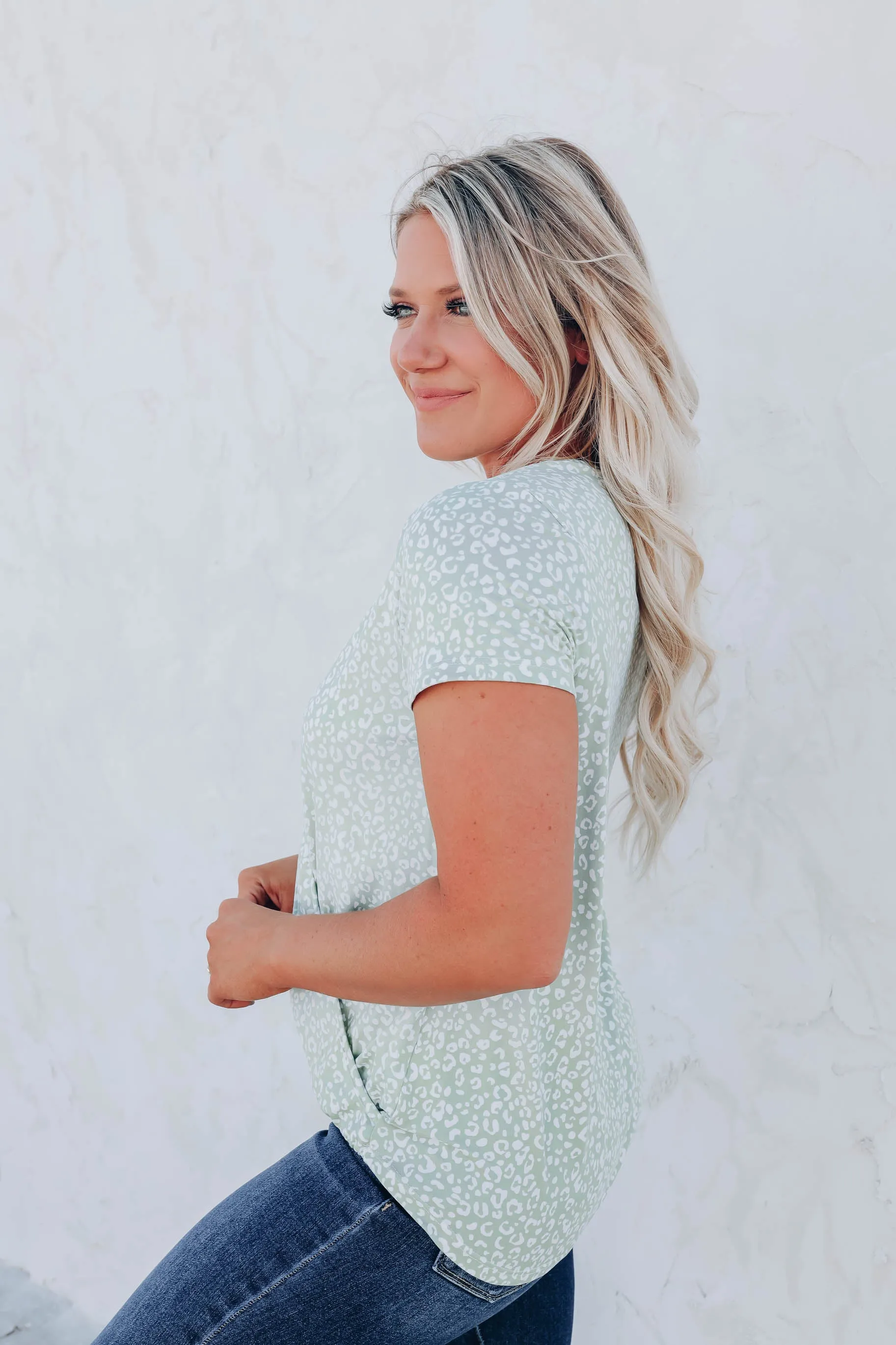 Prowling Around Surplice Print Top - Sage/White