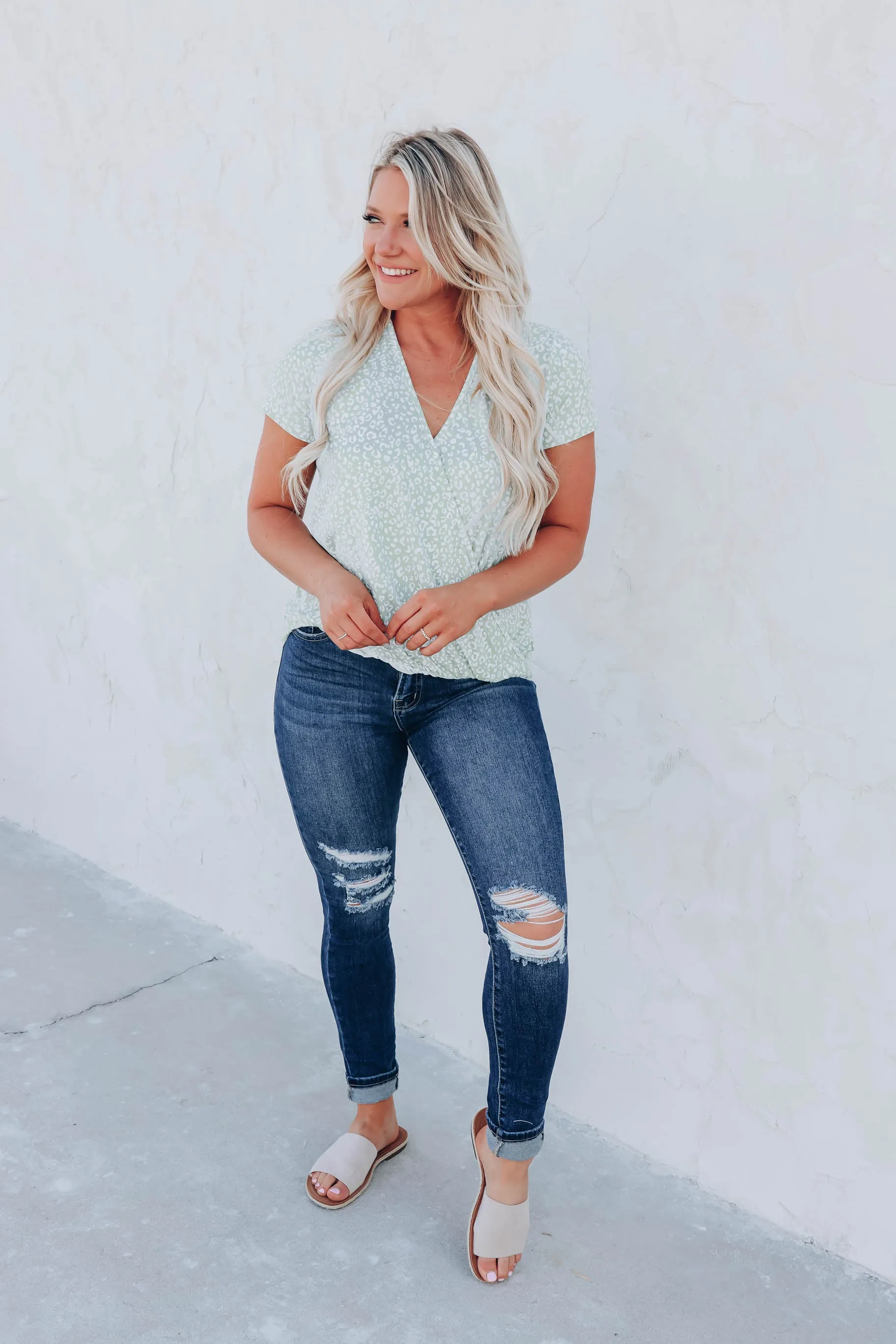 Prowling Around Surplice Print Top - Sage/White