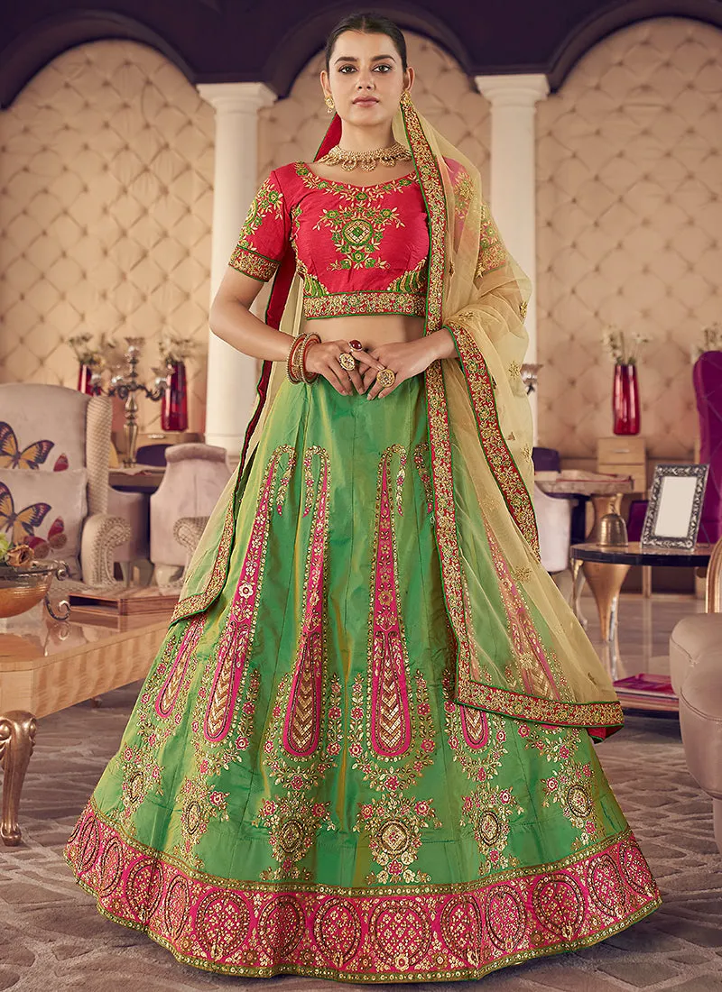 Red And Green Multi Embroidery Wedding Lehenga Choli
