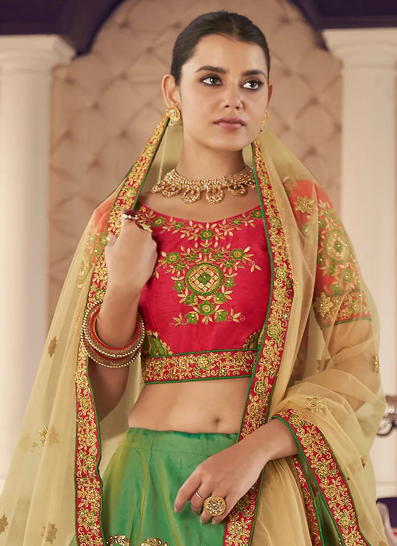 Red And Green Multi Embroidery Wedding Lehenga Choli