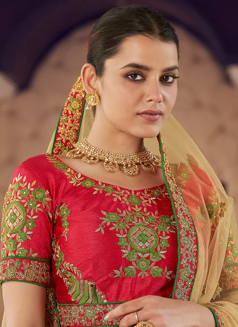 Red And Green Multi Embroidery Wedding Lehenga Choli