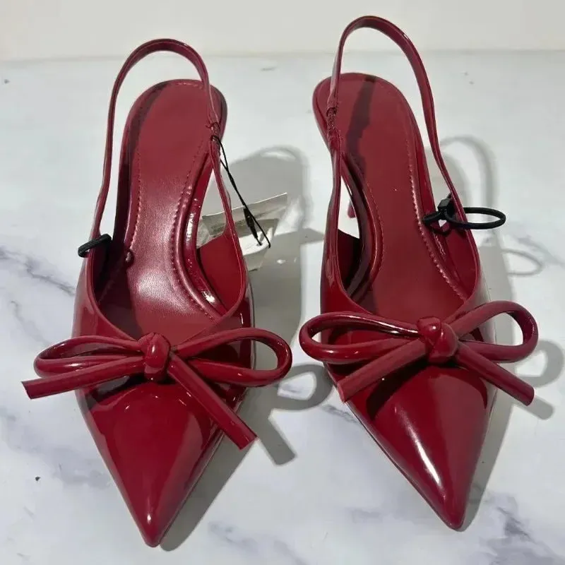 Red Patent Leather Pointed-Toe Slingback Heels with Bow – Chic & Elegant