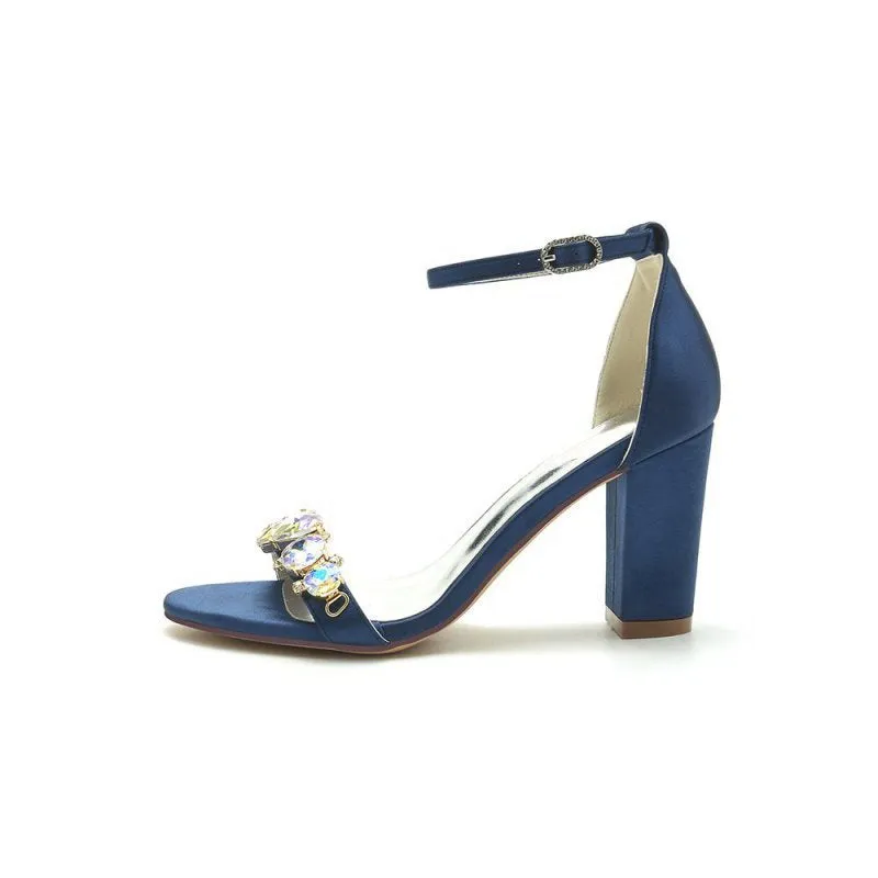 Rhinestone Ankle Strap Wedding Chunky Heels