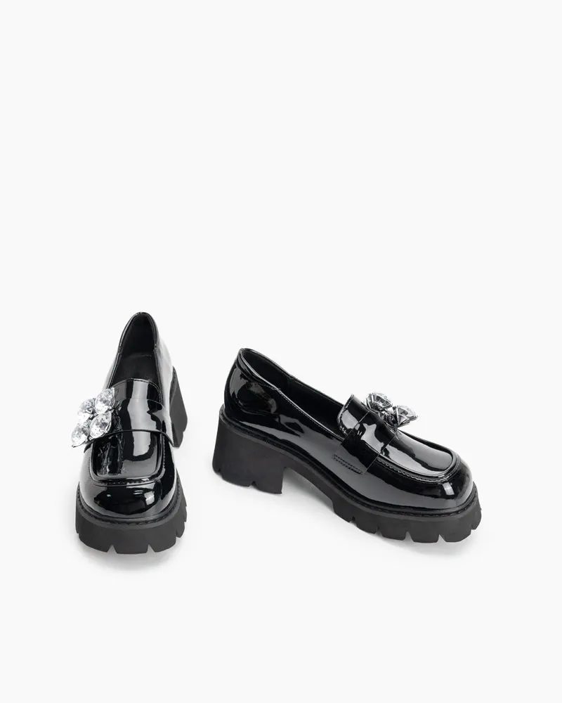 Rhinestone Decor Patent Leather Platform Loafers
