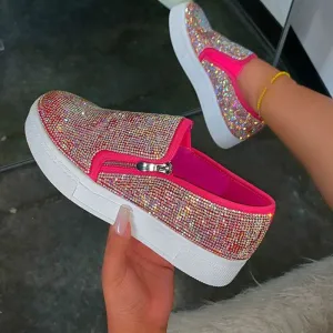 Rhinestone Zipper Design Loafers