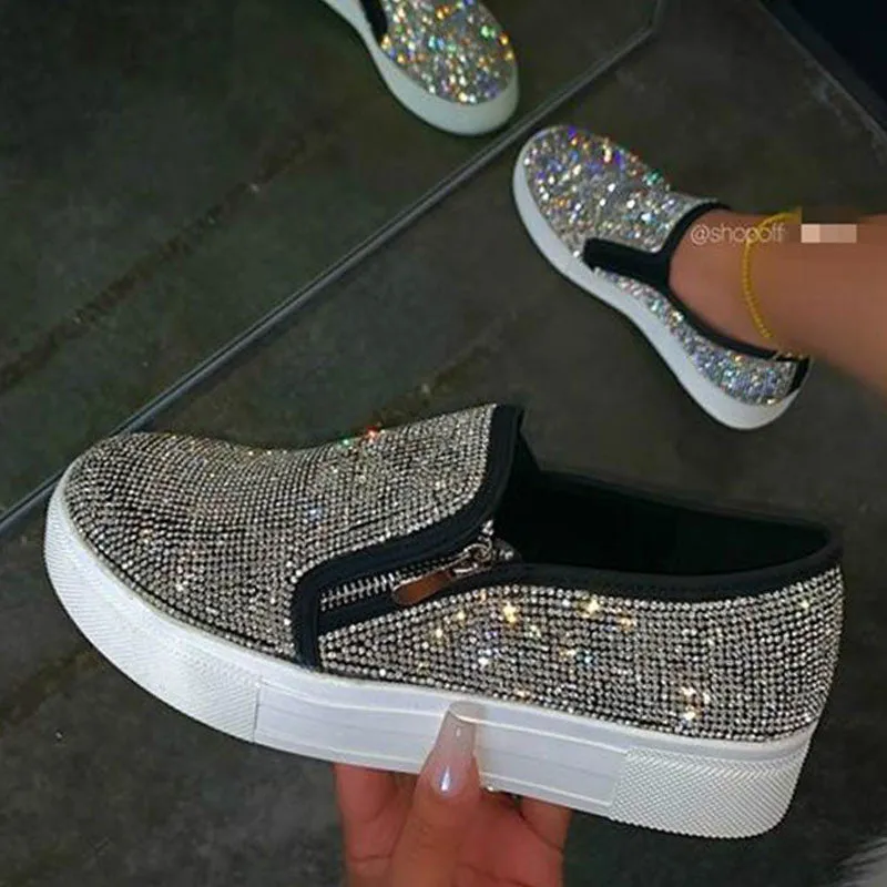 Rhinestone Zipper Design Loafers