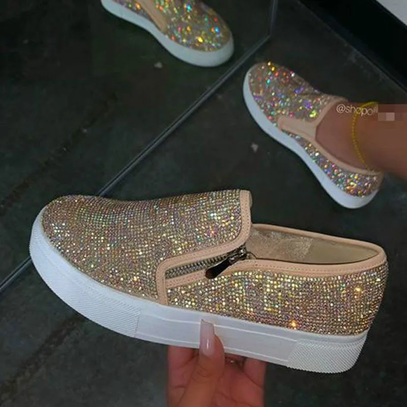 Rhinestone Zipper Design Loafers