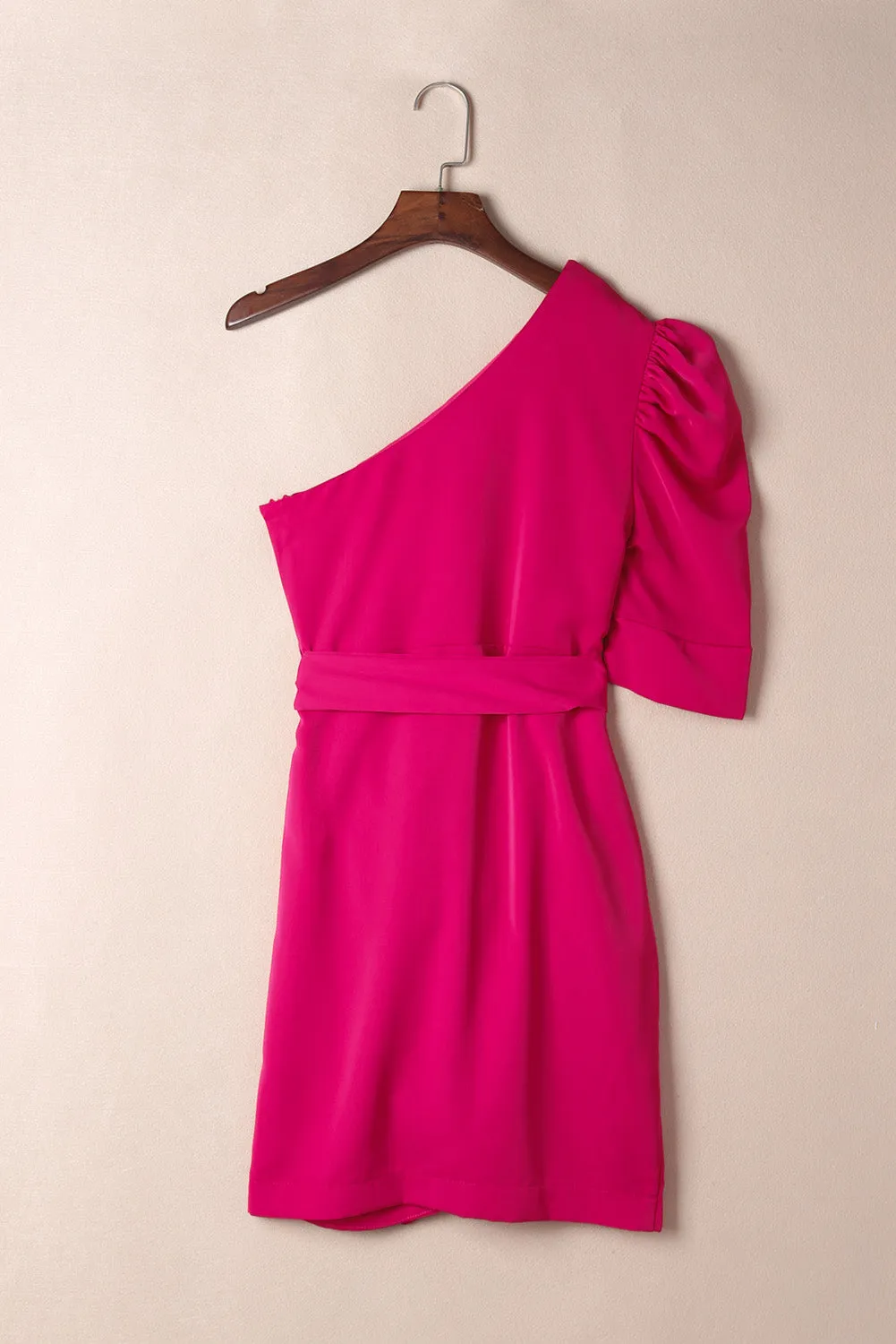 Rose Asymmetric Puff Sleeve Wrapped Hem Short Dress with Belt