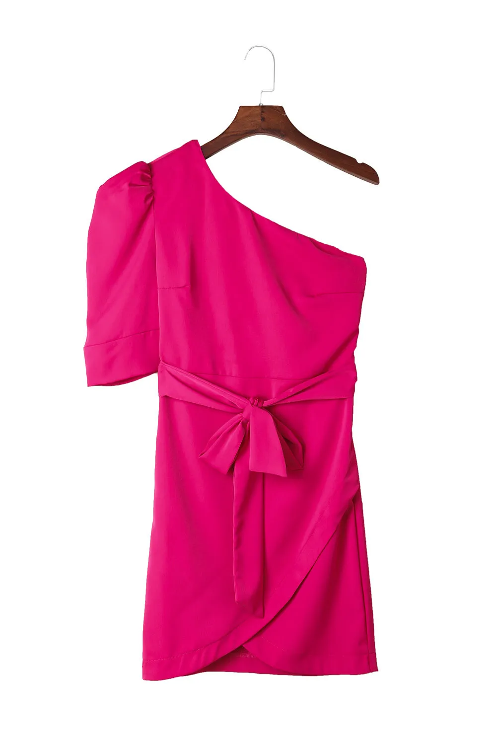 Rose Asymmetric Puff Sleeve Wrapped Hem Short Dress with Belt