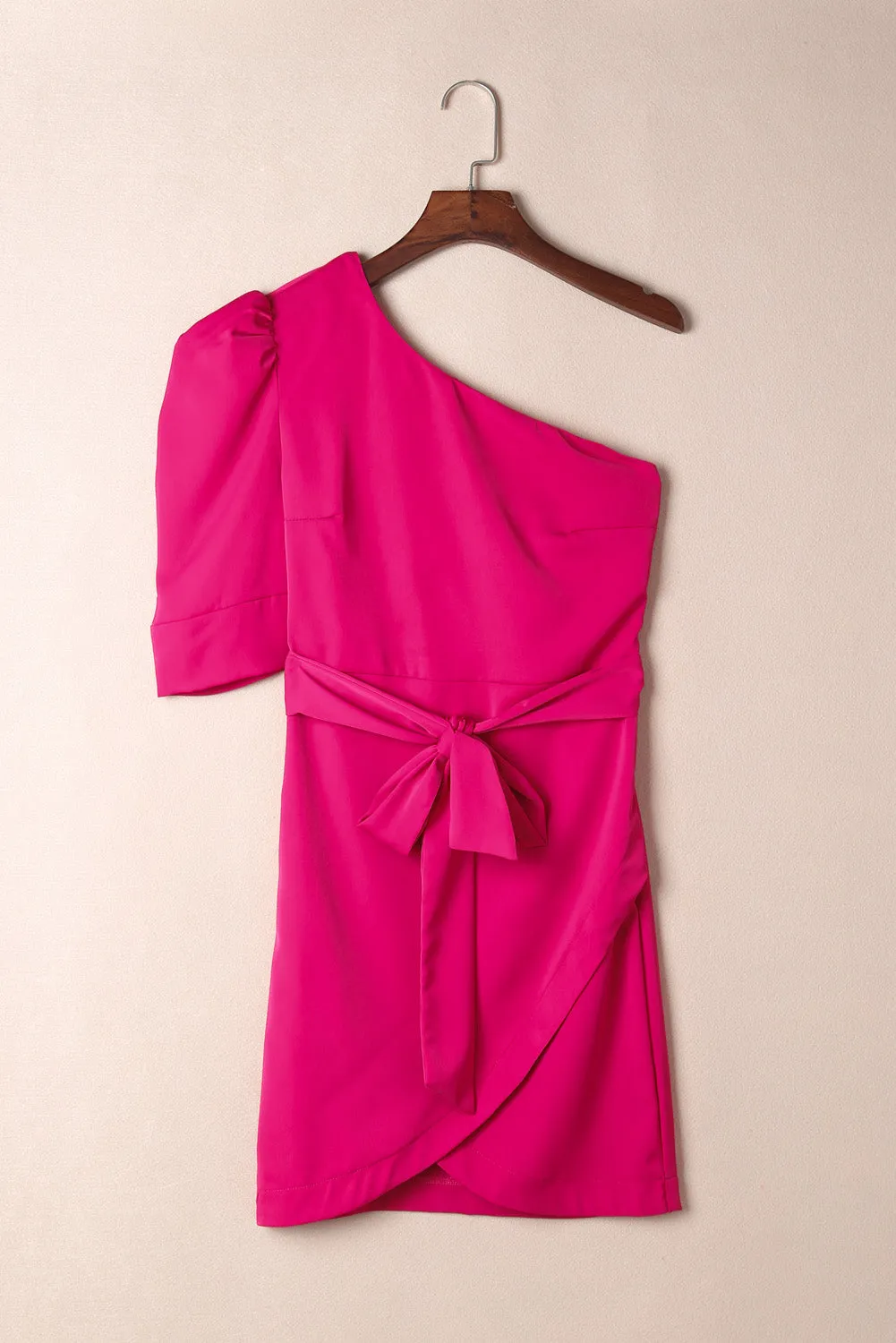 Rose Asymmetric Puff Sleeve Wrapped Hem Short Dress with Belt