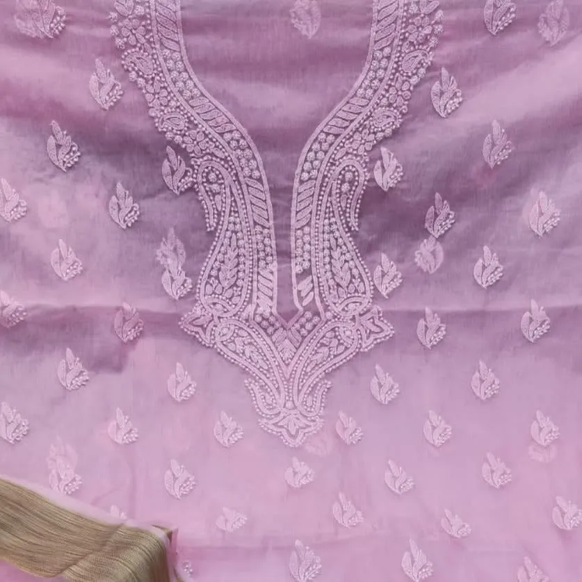 Rose Pink Chinkari Organza Salwar Suit fabric