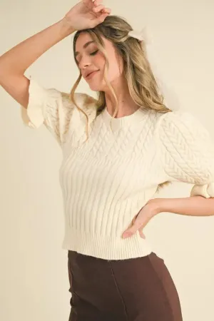 Ruffle Cable Knit Puff Sleeve Sweater Ivory