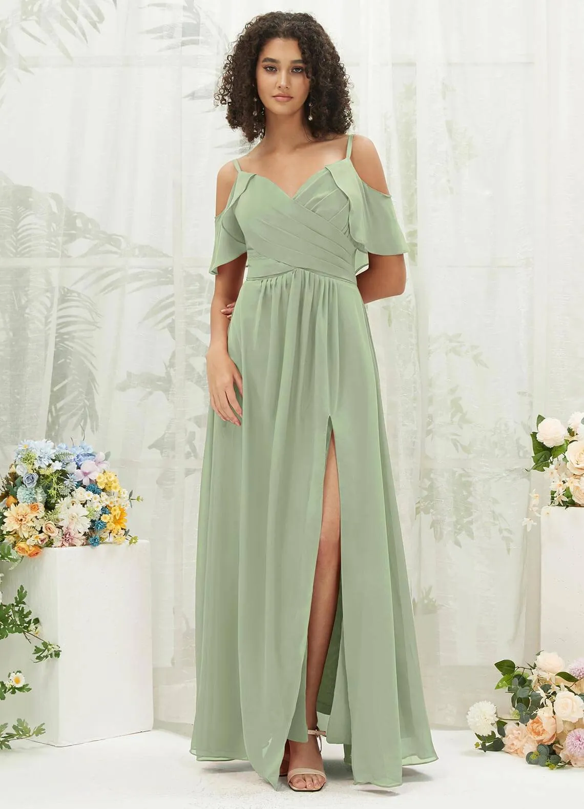 Sage Green Chiffon Ruffle Cold Shoulder Sweetheart Bridesmaid Dress