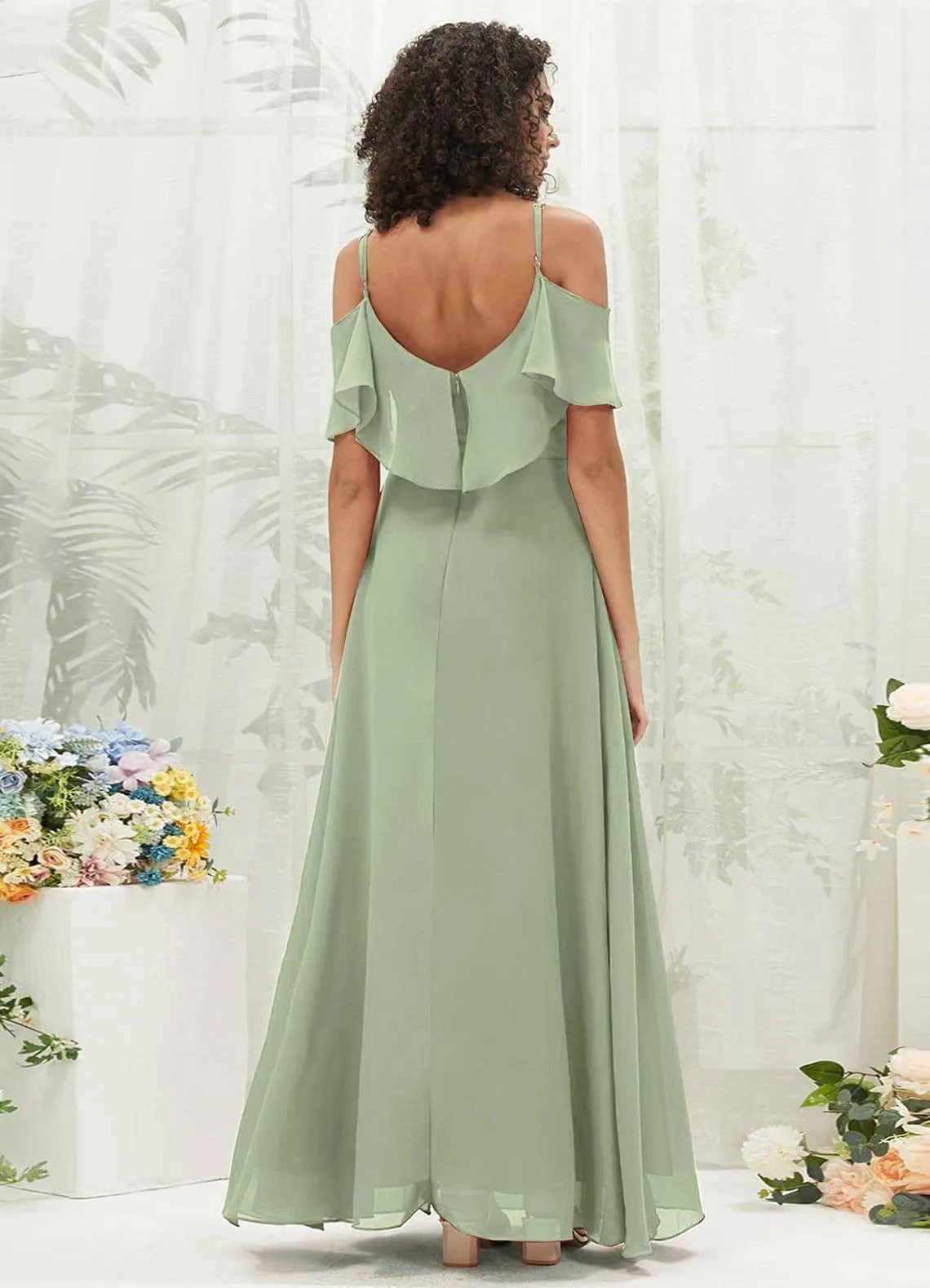 Sage Green Chiffon Ruffle Cold Shoulder Sweetheart Bridesmaid Dress