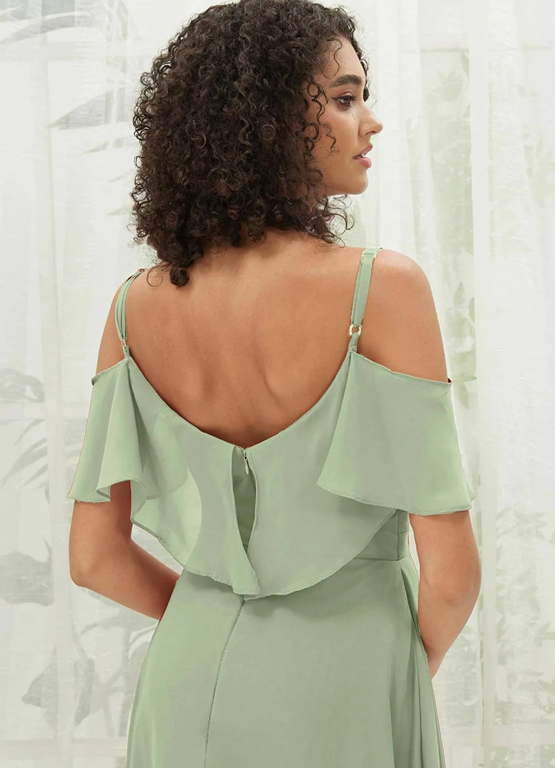 Sage Green Chiffon Ruffle Cold Shoulder Sweetheart Bridesmaid Dress