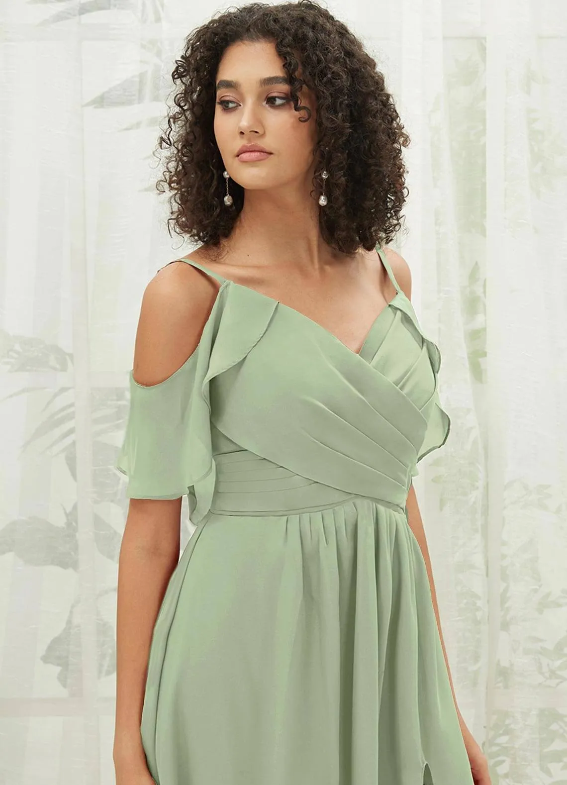 Sage Green Chiffon Ruffle Cold Shoulder Sweetheart Bridesmaid Dress