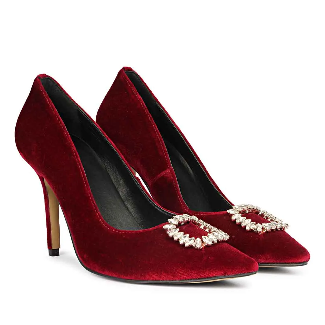 Saint Wren Square Décor Stones Maroon Velvet Pumps