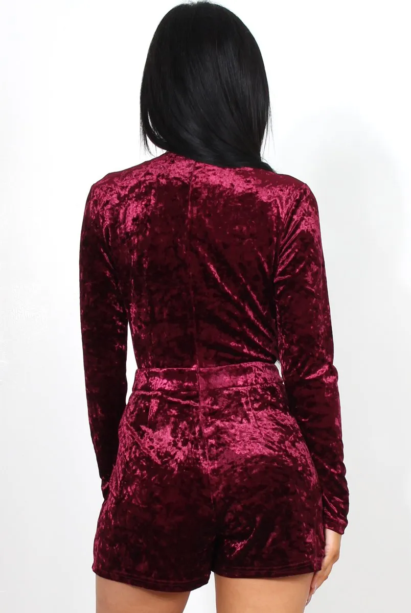 sarai Wine Velvet Plunge playsuit