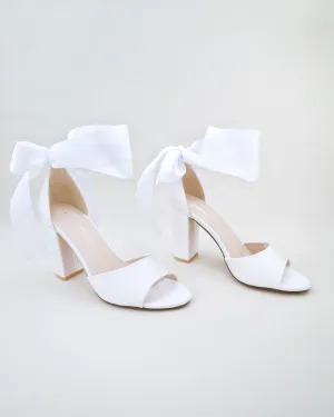 Satin Block Heel Wedding Sandals with Wrapped Ribbon Tie