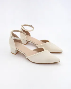 Satin Pointy Toe Low Block Heels Wedding Shoes with Mini Pearls