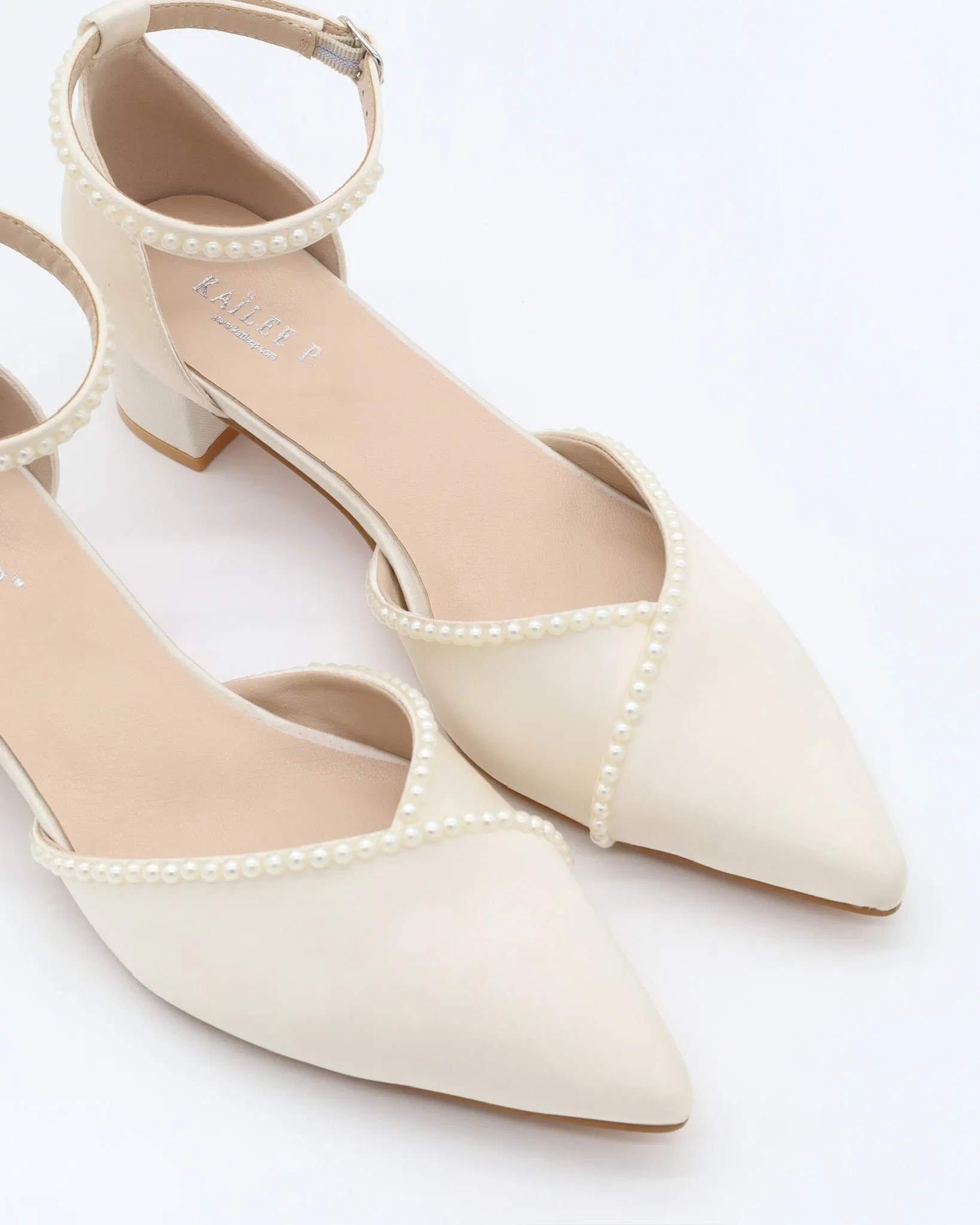 Satin Pointy Toe Low Block Heels Wedding Shoes with Mini Pearls