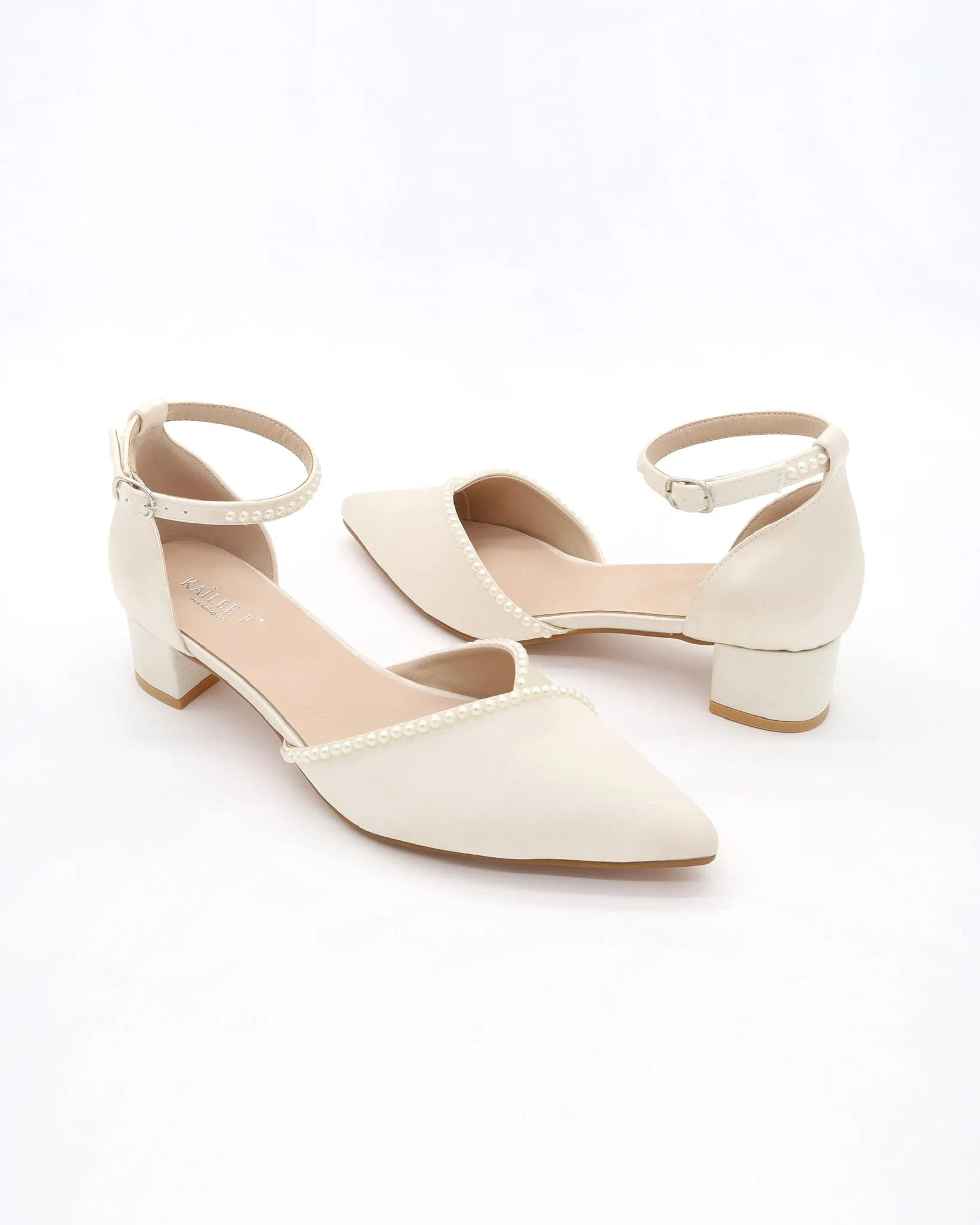 Satin Pointy Toe Low Block Heels Wedding Shoes with Mini Pearls