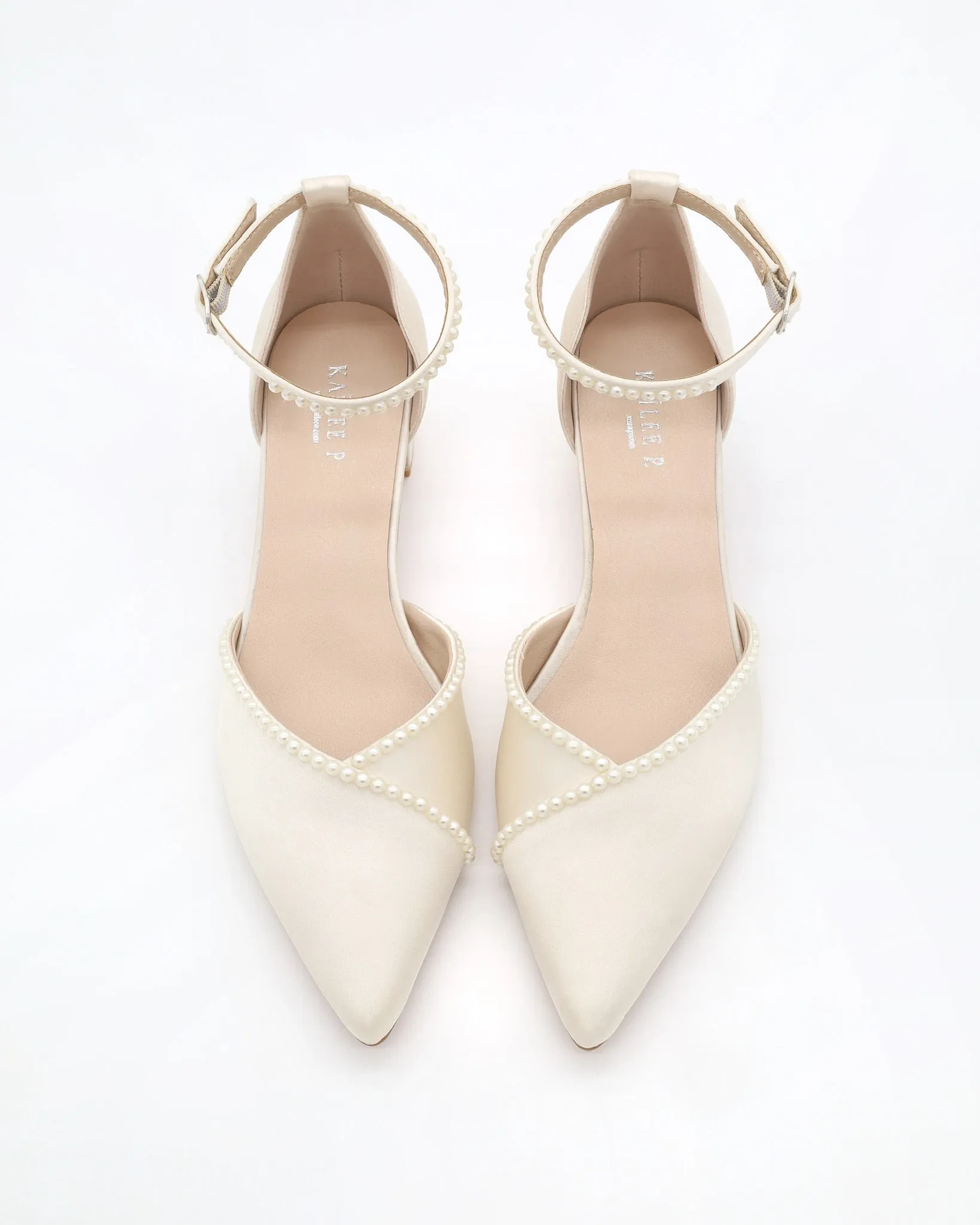 Satin Pointy Toe Low Block Heels Wedding Shoes with Mini Pearls