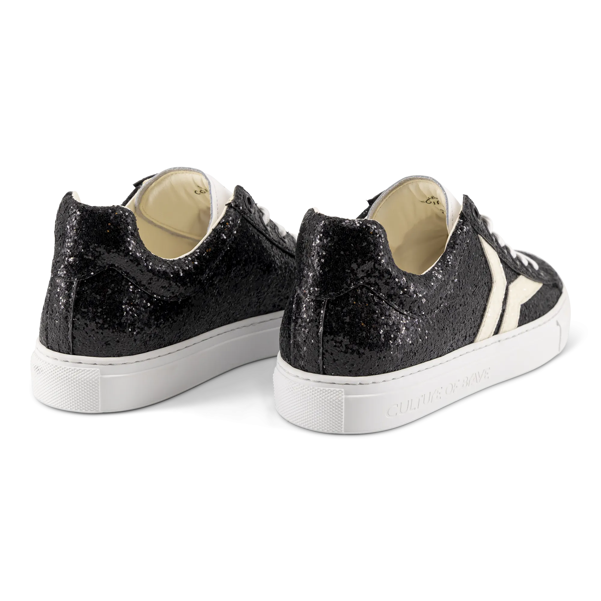 Shine Courage Women black glitter leather white wing low cut