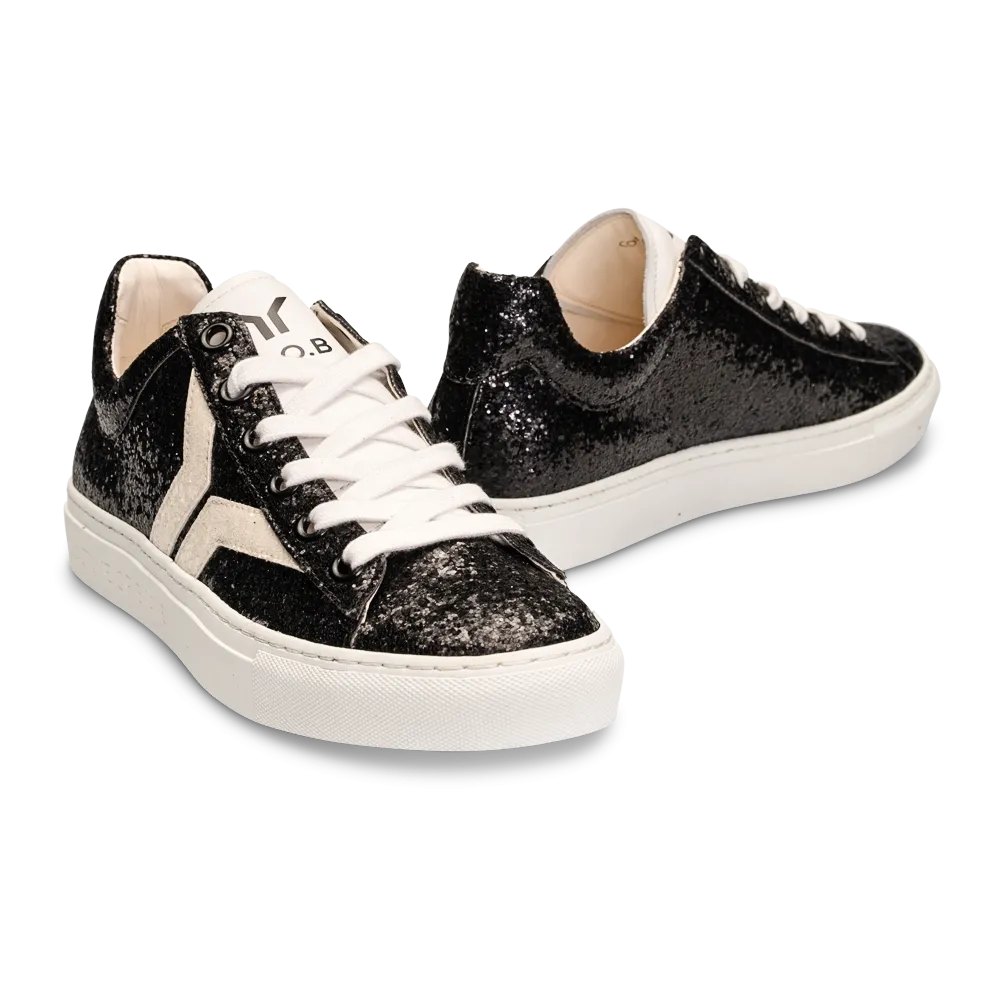 Shine Courage Women black glitter leather white wing low cut