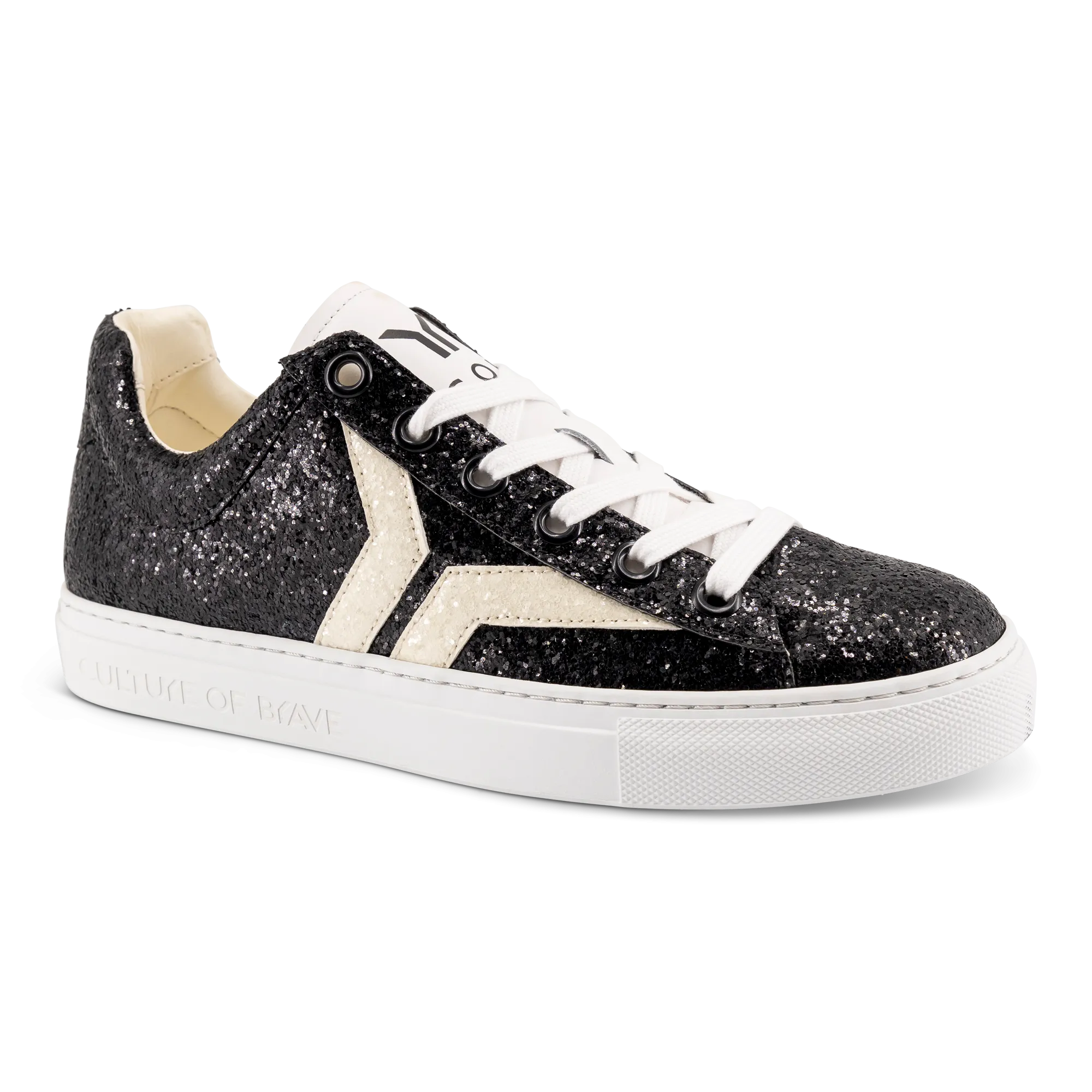 Shine Courage Women black glitter leather white wing low cut