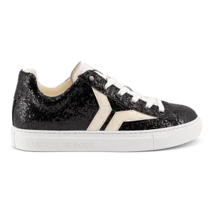 Shine Courage Women black glitter leather white wing low cut