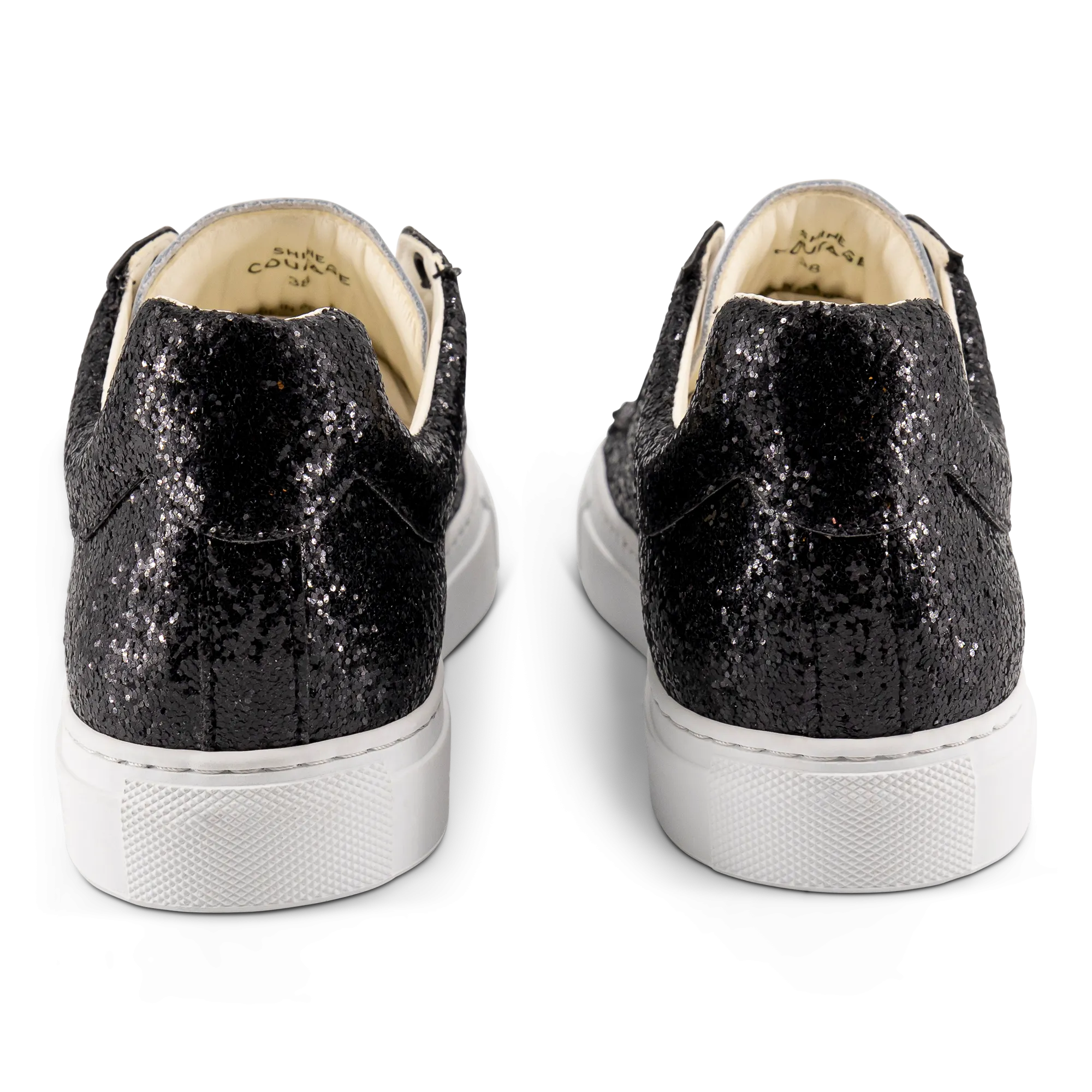 Shine Courage Women black glitter leather white wing low cut