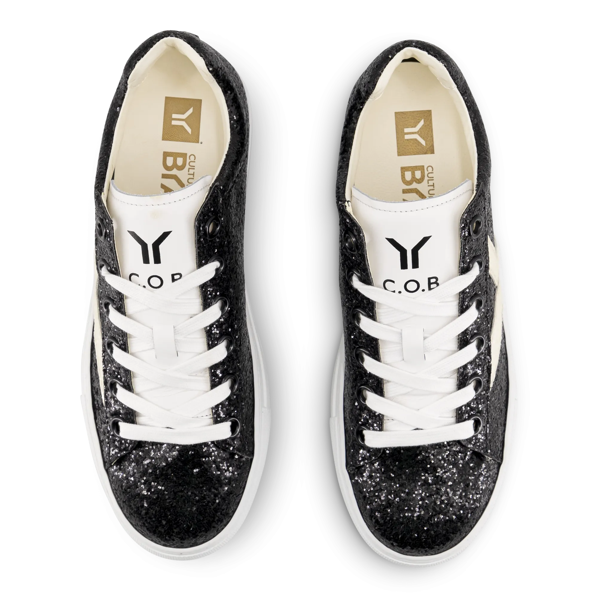 Shine Courage Women black glitter leather white wing low cut