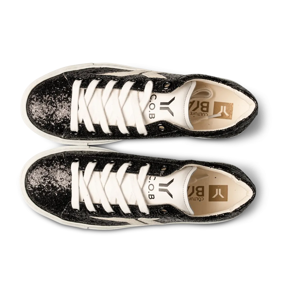 Shine Courage Women black glitter leather white wing low cut
