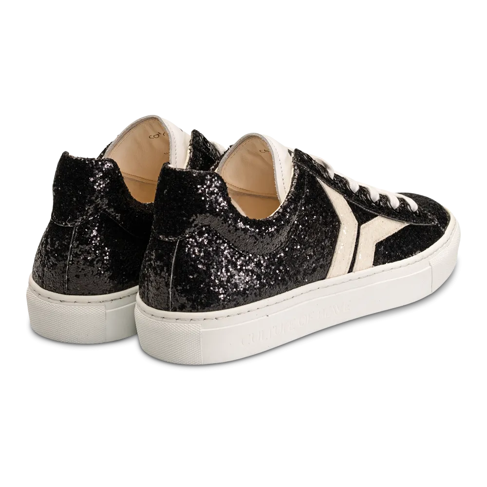 Shine Courage Women black glitter leather white wing low cut