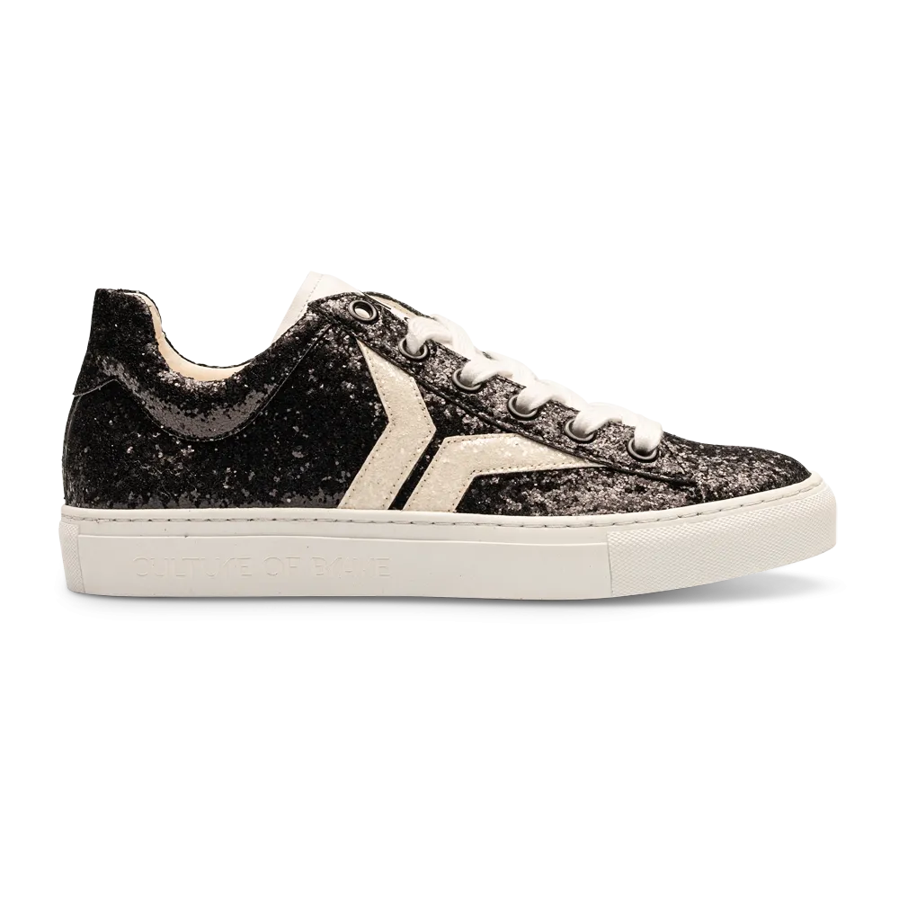 Shine Courage Women black glitter leather white wing low cut