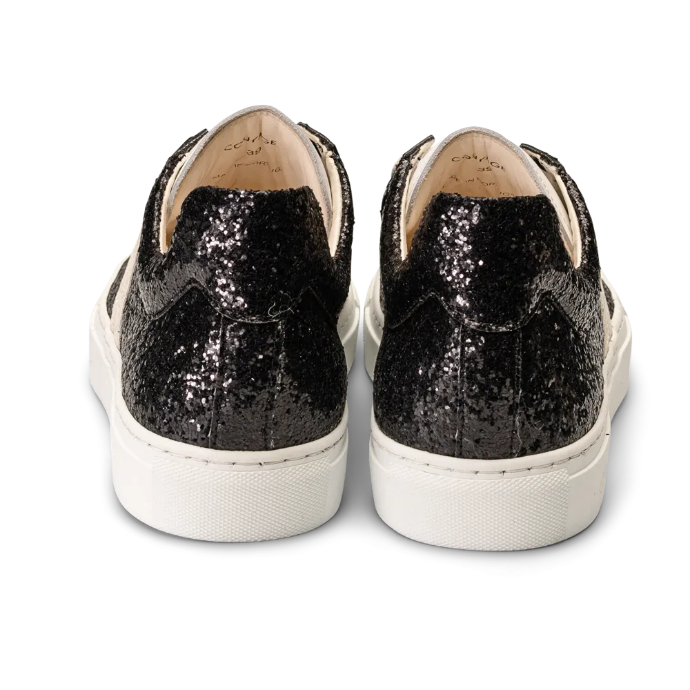Shine Courage Women black glitter leather white wing low cut