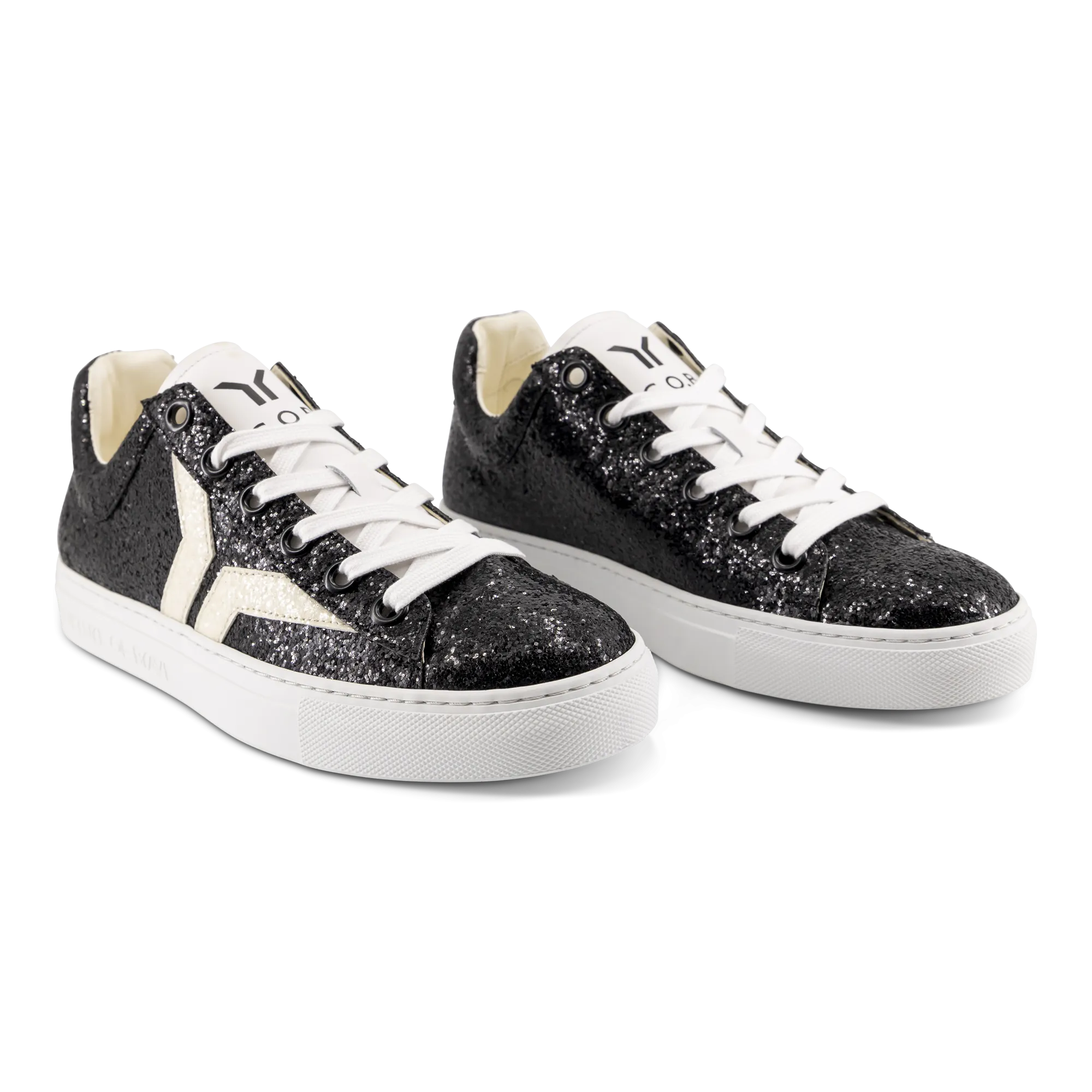 Shine Courage Women black glitter leather white wing low cut