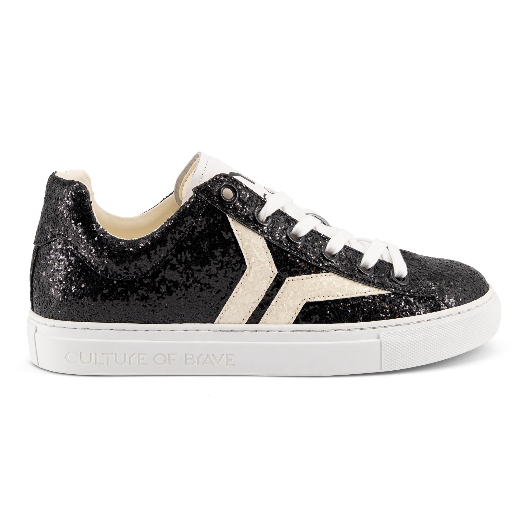 Shine Courage Women black glitter leather white wing low cut