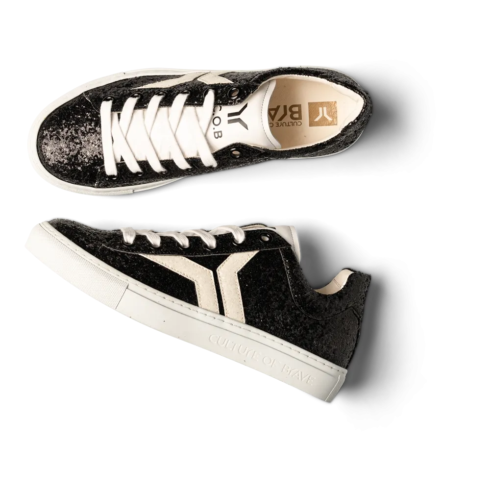 Shine Courage Women black glitter leather white wing low cut