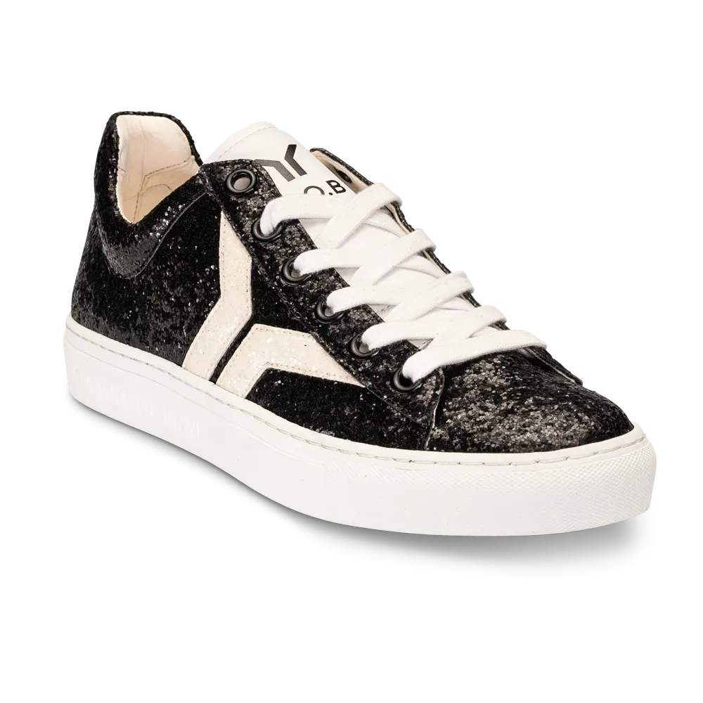 Shine Courage Women black glitter leather white wing low cut
