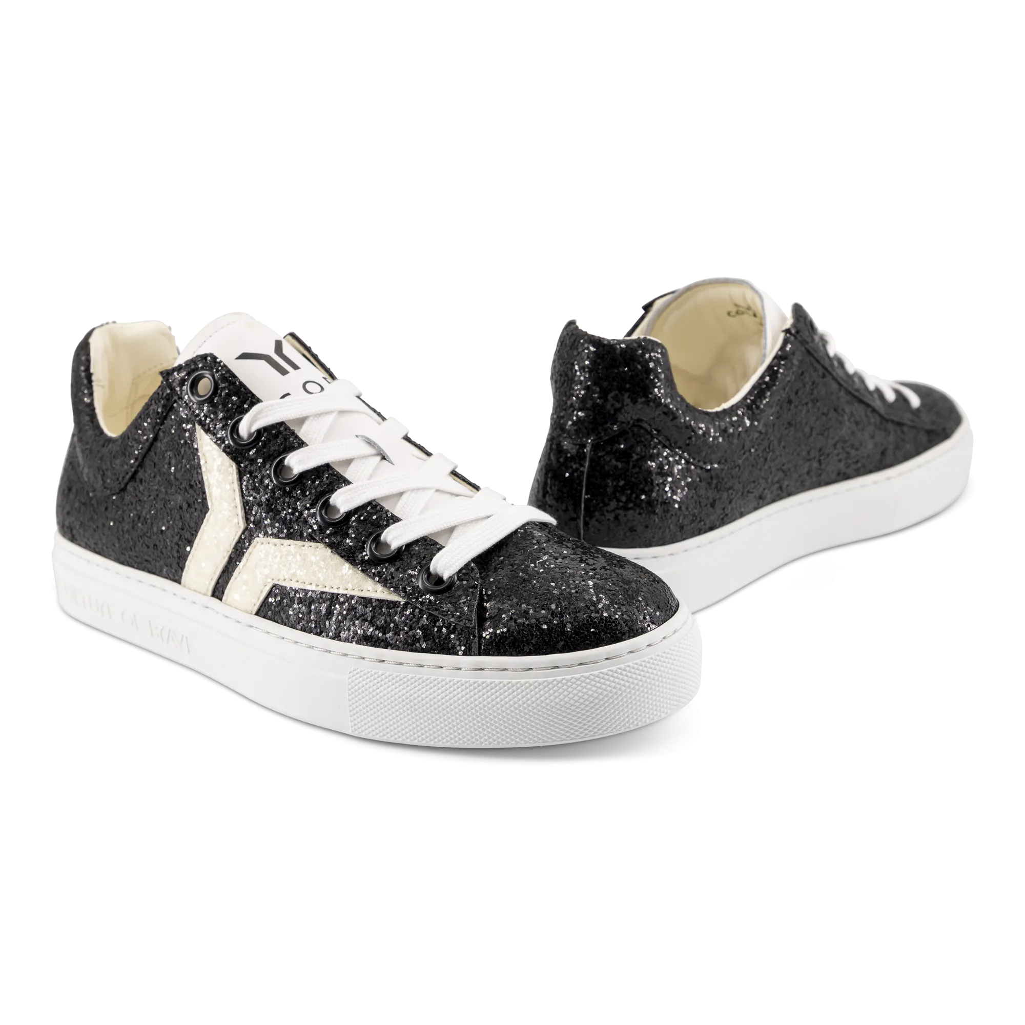 Shine Courage Women black glitter leather white wing low cut