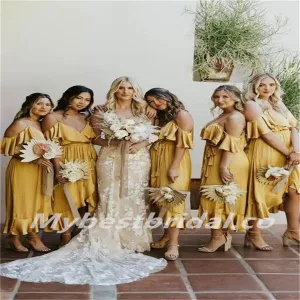 Spaghetti straps V-neck Ruffle A-line Elegant Simple Long Bridesmaid Dresses,BDS0196