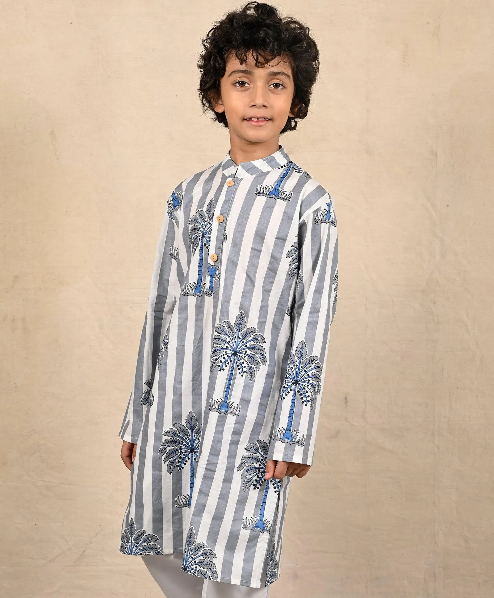 STRIPED FESTIVE PRINTED PURE COTTON KURTA - BLUE