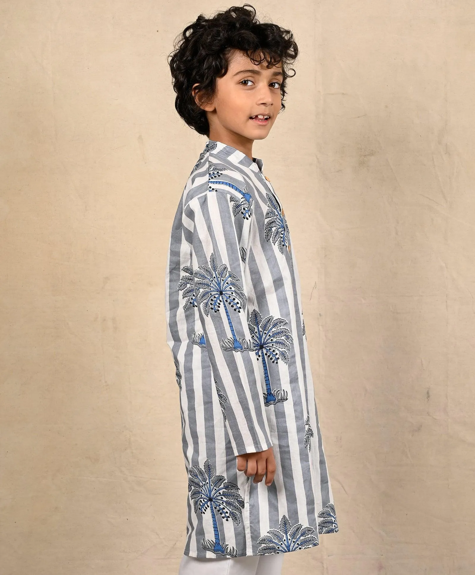 STRIPED FESTIVE PRINTED PURE COTTON KURTA - BLUE