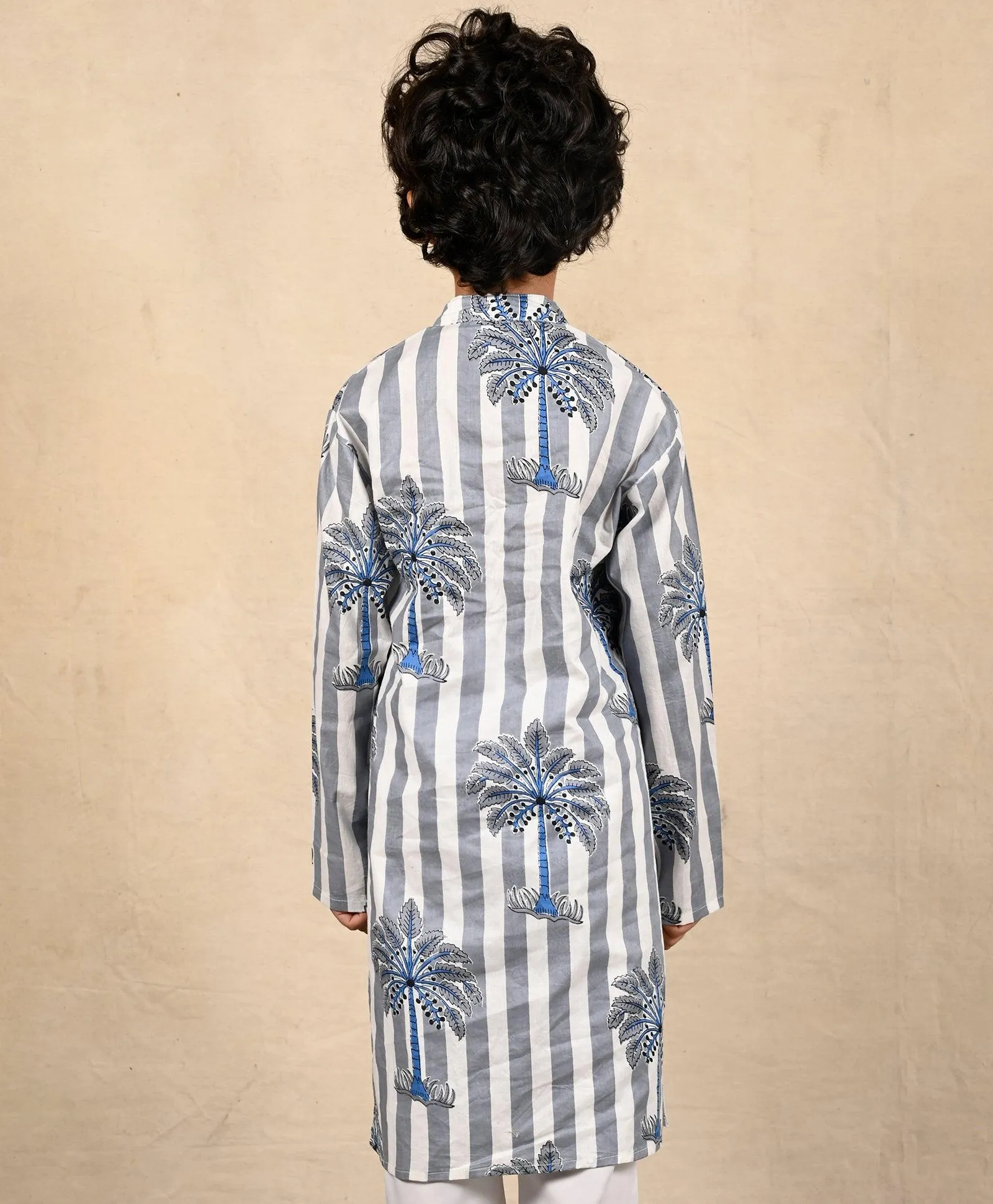 STRIPED FESTIVE PRINTED PURE COTTON KURTA - BLUE